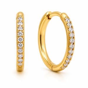 Brincos Argola em Titânio PVD Gold Cravejada com Zircônias 14mm – Modelo Lux Premium