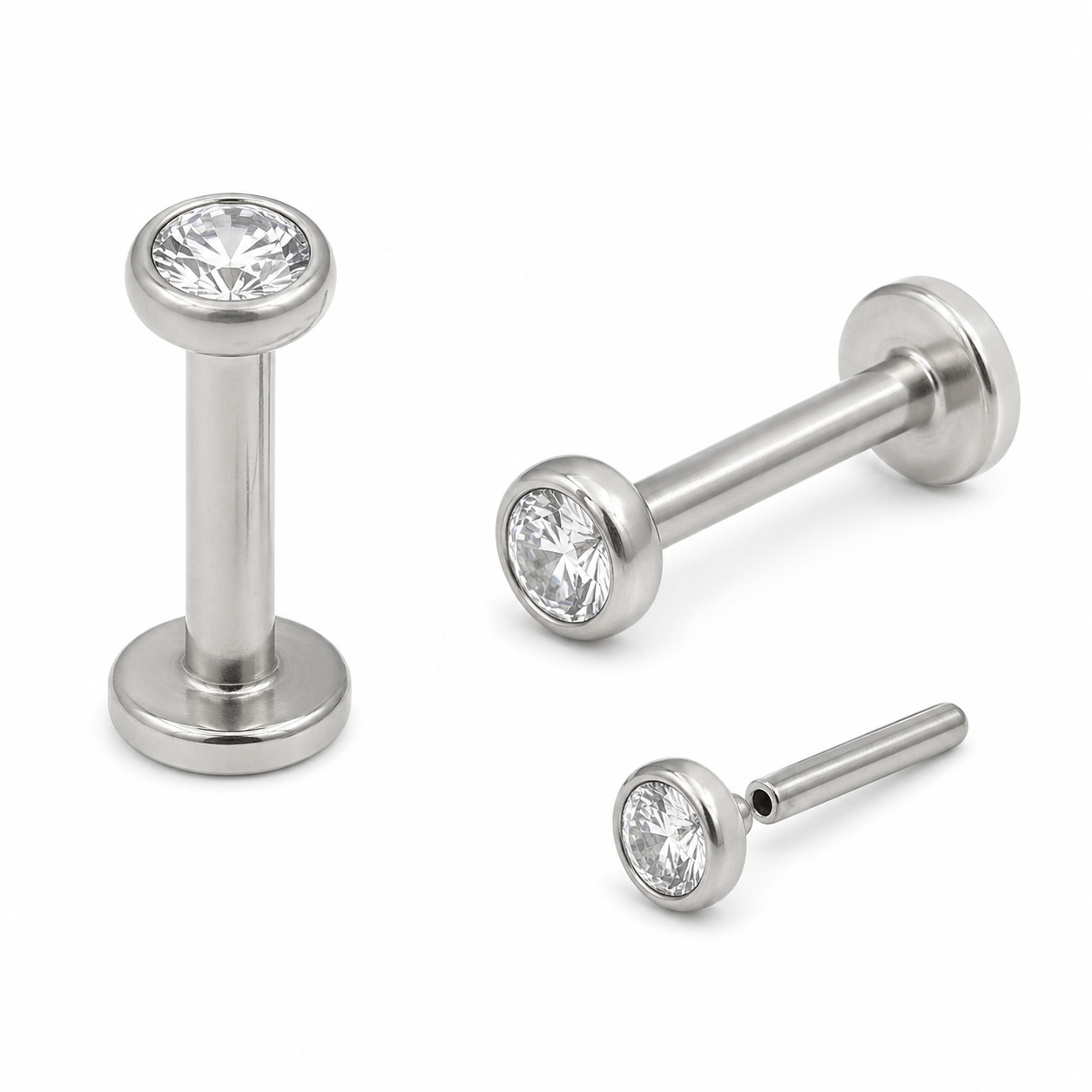Piercing Labret Flat em Titânio com Zircônia Cristal Push Pin