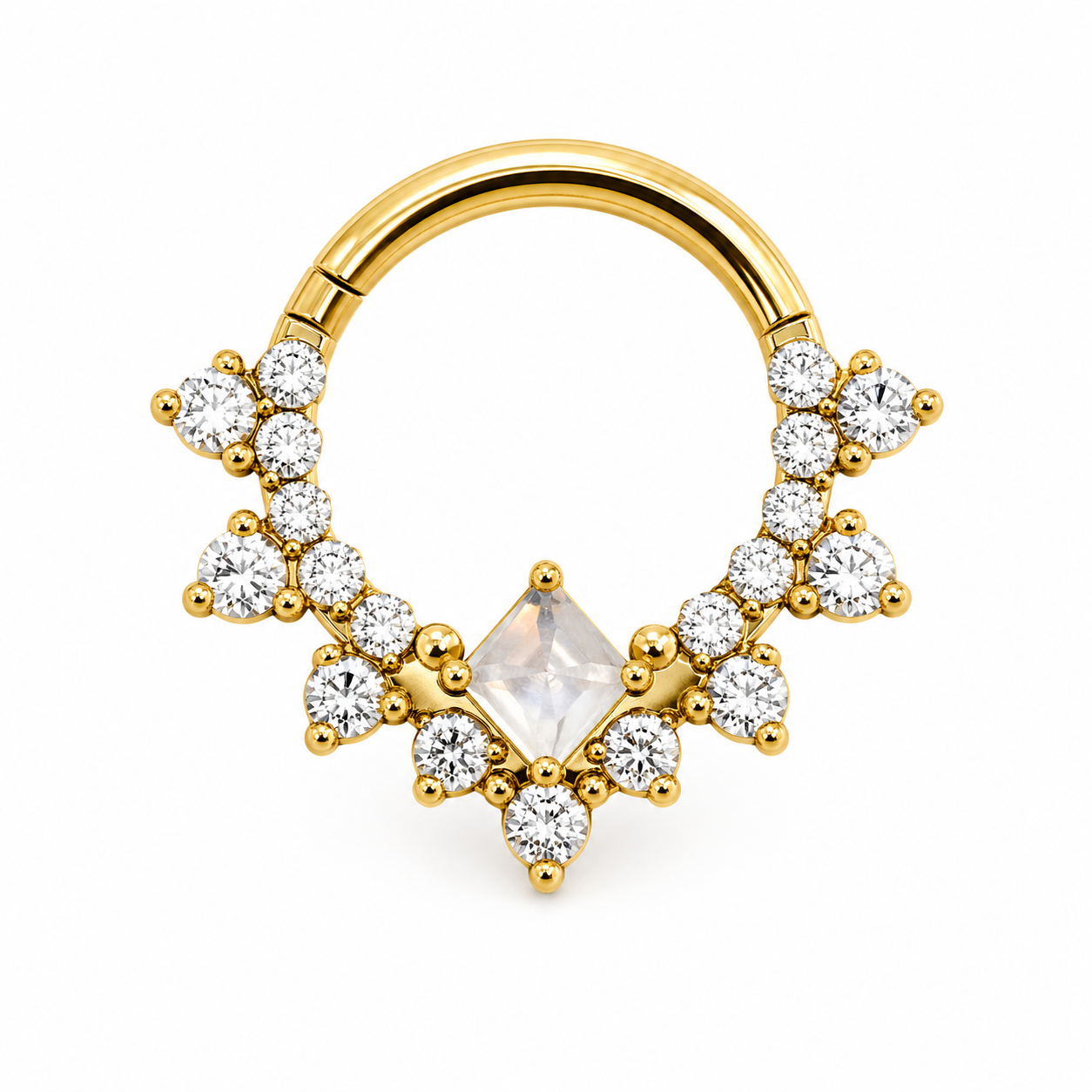 Piercing Segmento Frontal em Titânio PVD Gold 8mm com Zircônias e Pedra Moon