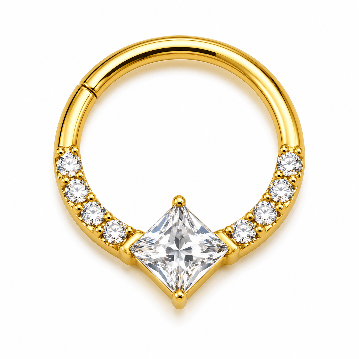 Piercing Segmento em Titânio PVD Gold 8mm com Zircônia Quadrada e Cravejado – Modelo Lux Premium