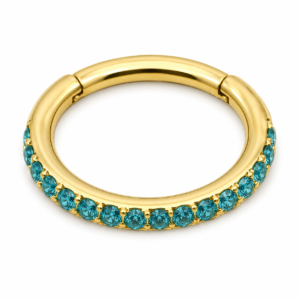 Piercing Segmento em Titânio PVD Gold Cravejado com Zircônias Aqua Azul
