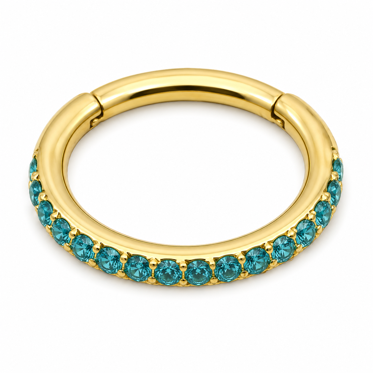Piercing Segmento em Titânio PVD Gold Cravejado com Zircônias Aqua Azul