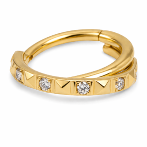 Piercing Segmento em Titânio PVD Gold Entrelaçado Geométrico com Zircônias