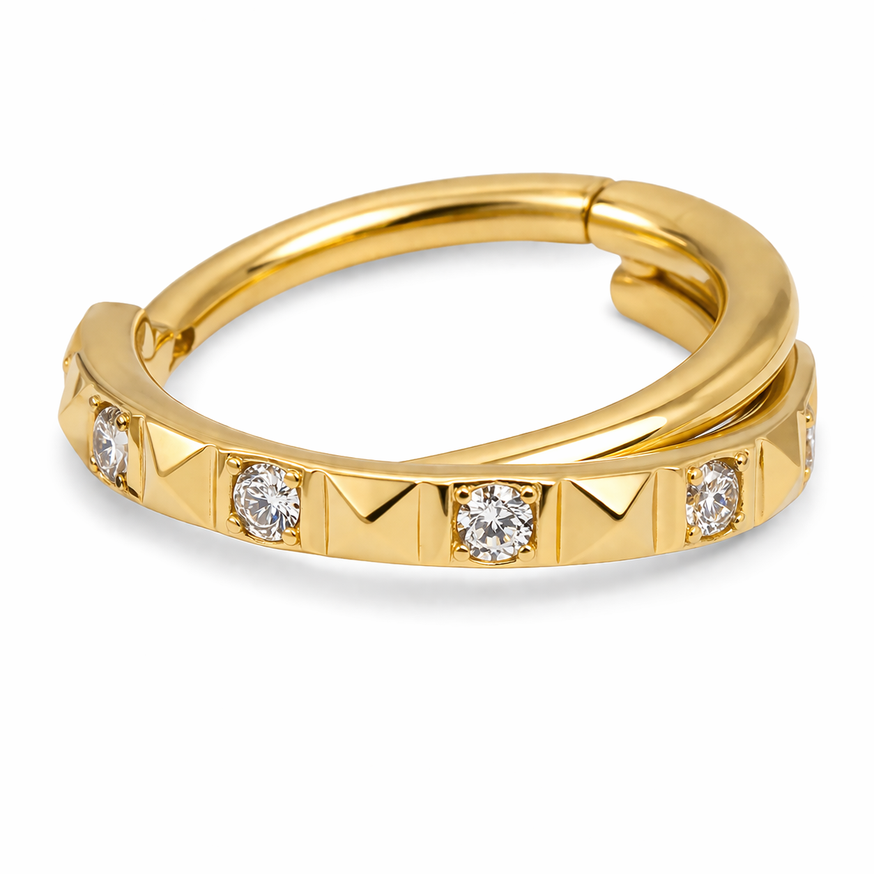 Piercing Segmento em Titânio PVD Gold Entrelaçado Geométrico com Zircônias
