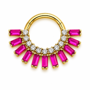 Piercing Segmento em Titânio PVD Gold com Zircônias Baguette Pink e Cristais