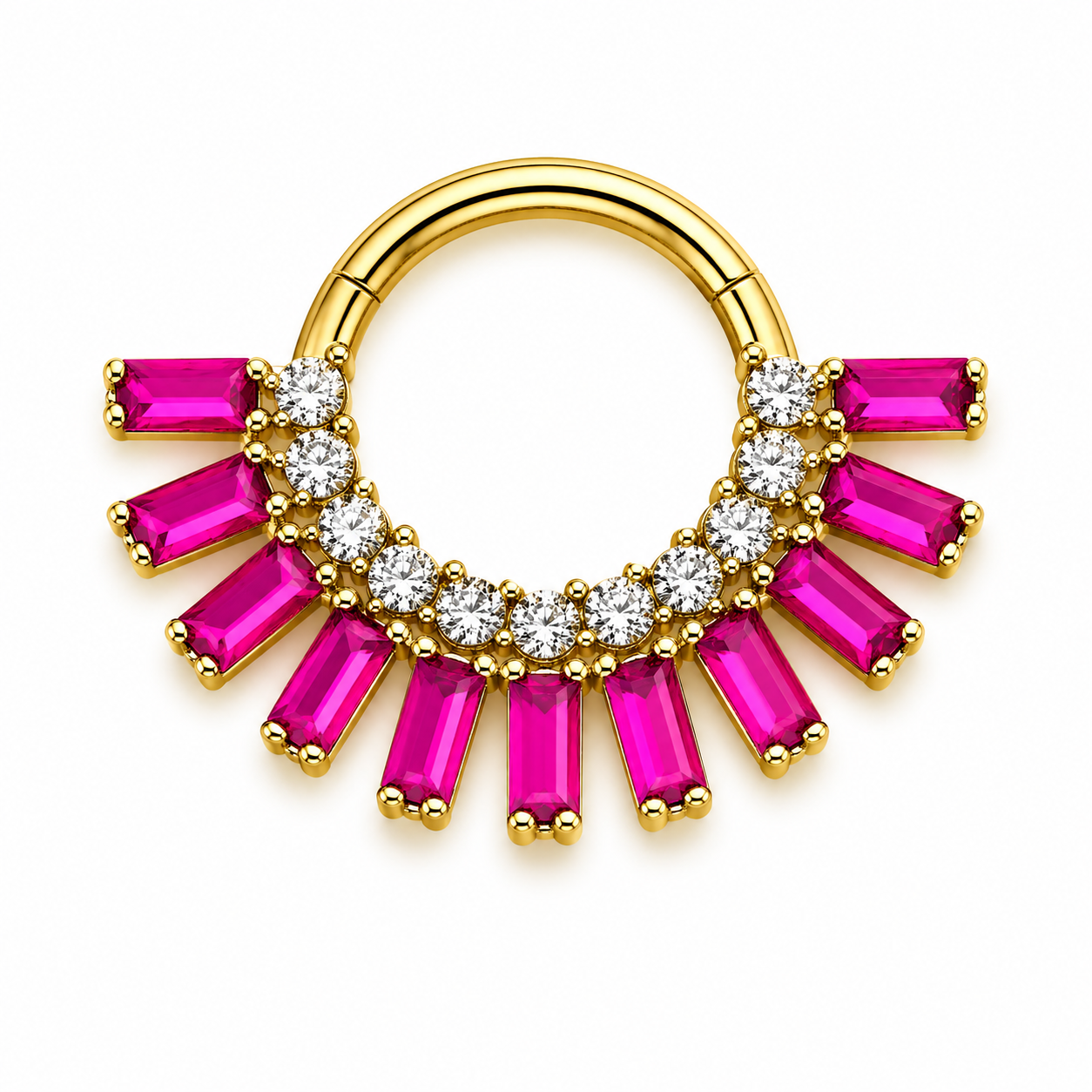 Piercing Segmento em Titânio PVD Gold com Zircônias Baguette Pink e Cristais