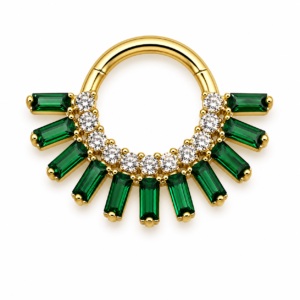 Piercing Segmento em Titânio PVD Gold com Zircônias Baguette Verde e Cristais