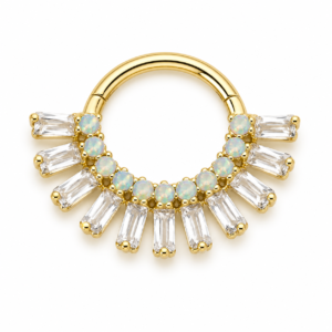 Piercing Segmento em Titânio PVD Gold com Zircônias Baguette e Opalas Frontais