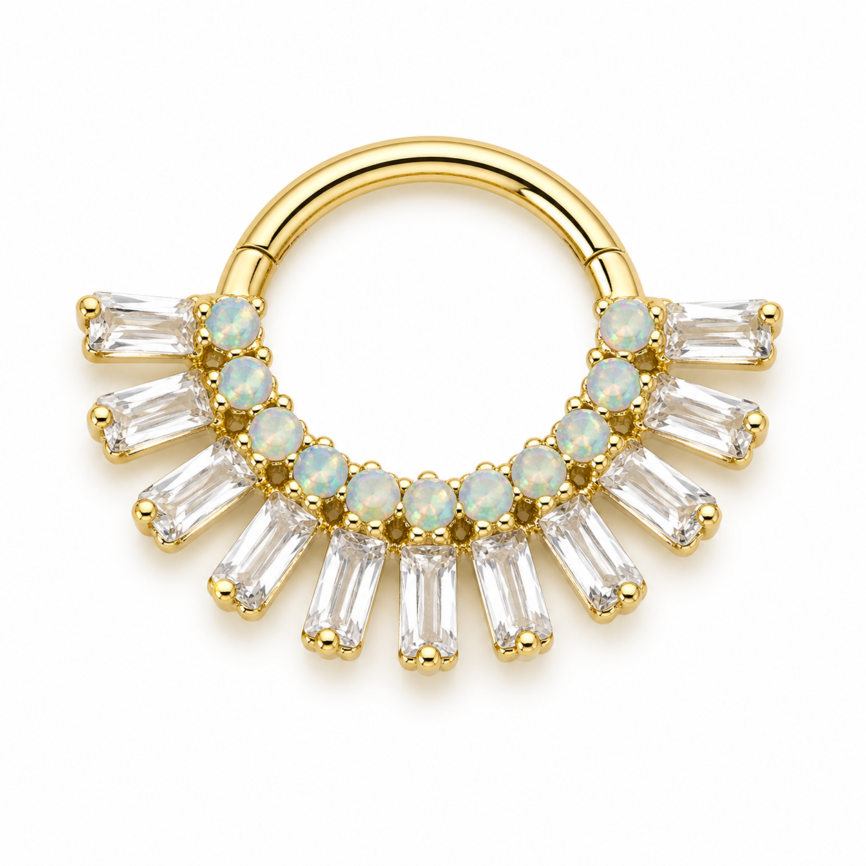 Piercing Segmento em Titânio PVD Gold com Zircônias Baguette e Opalas Frontais