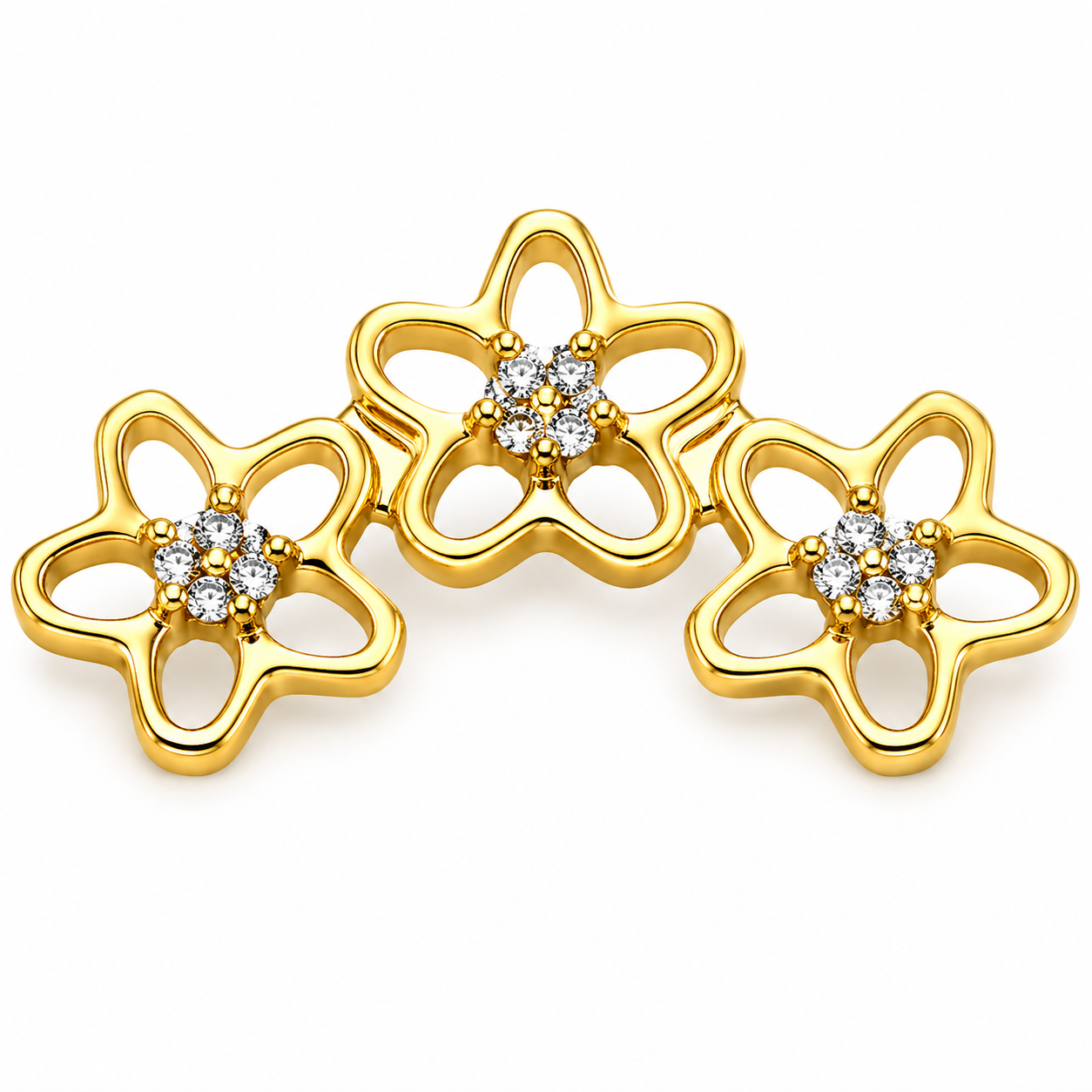 Piercing Topo em Titânio PVD Gold Cluster de 3 Flores Vazadas com Zircônias