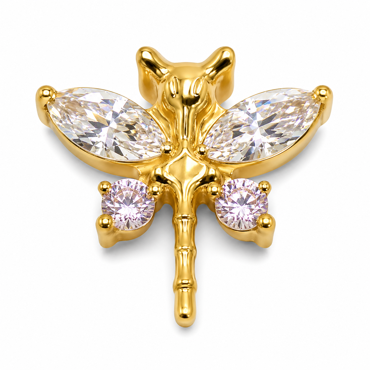 Piercing Topo em Titânio PVD Gold Libélula com Zircônias