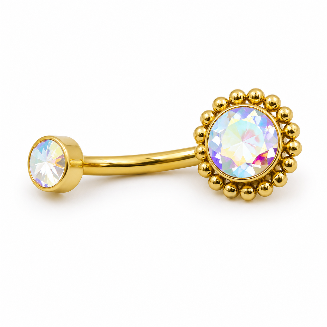 Piercing de Umbigo em Titânio PVD Gold com Zircônia Aurora Boreal e Detalhe Solar em Esferas