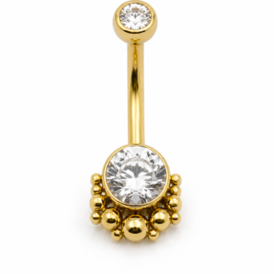 Piercing de Umbigo em Titânio PVD Gold com Zircônia e Detalhe em 13 Esferas