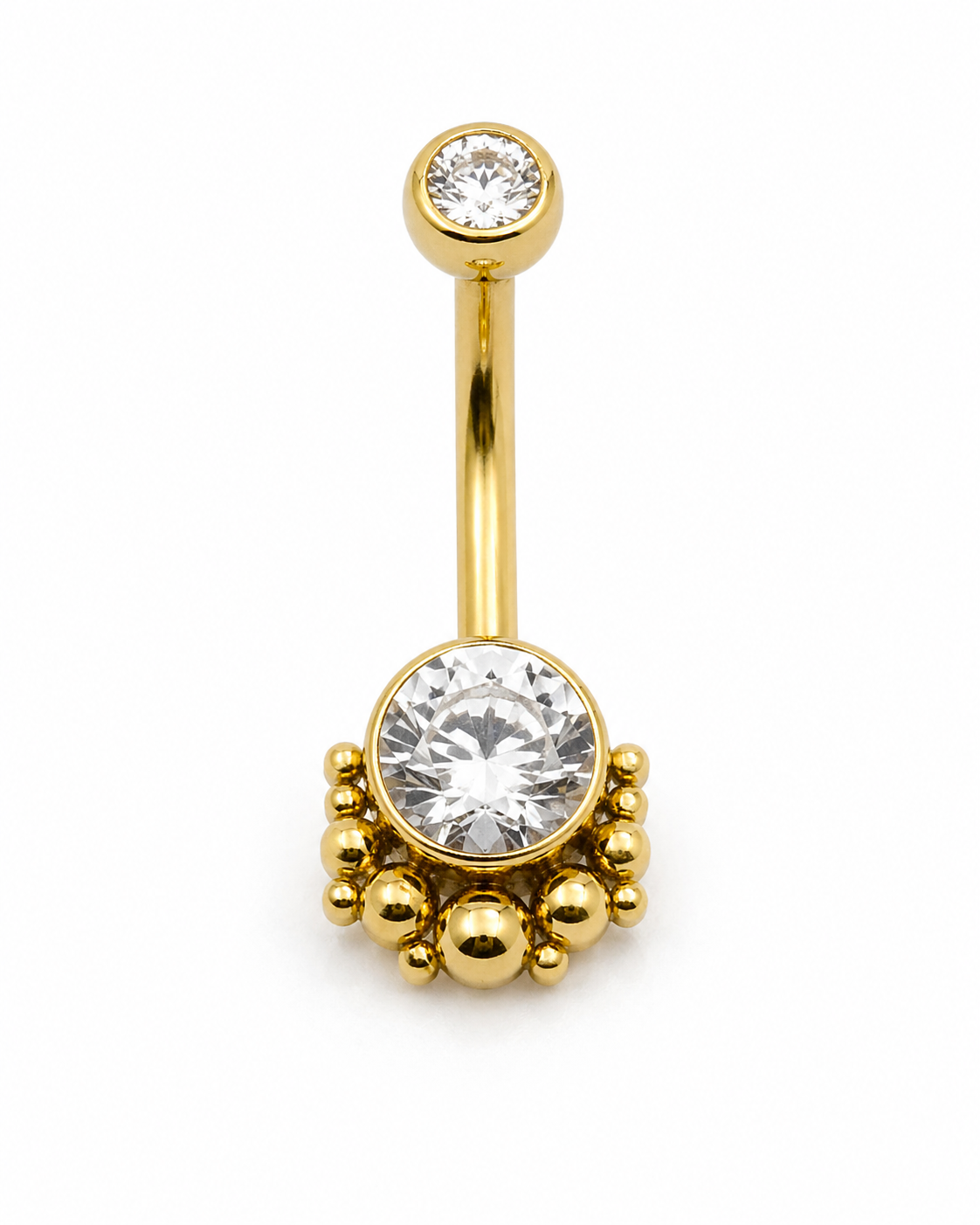 Piercing de Umbigo em Titânio PVD Gold com Zircônia e Detalhe em 13 Esferas