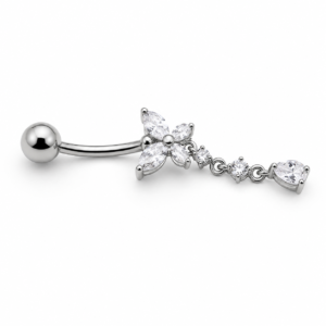 Piercing de Umbigo em Titânio com Borboleta Cravejada e Pingente de Zircônias