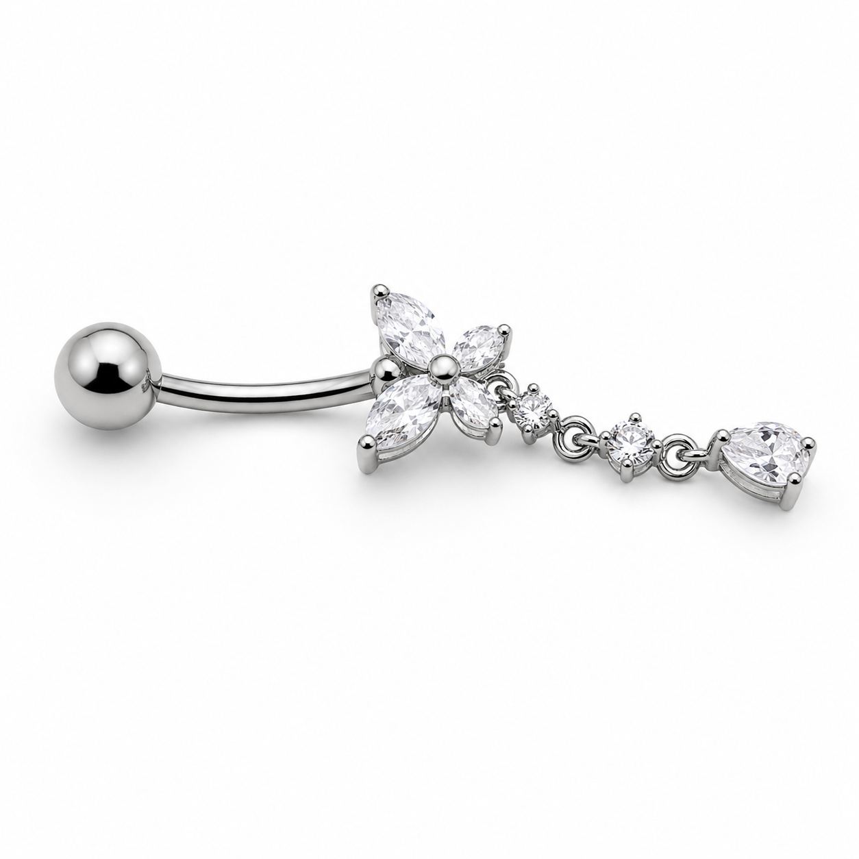 Piercing de Umbigo em Titânio com Borboleta Cravejada e Pingente de Zircônias