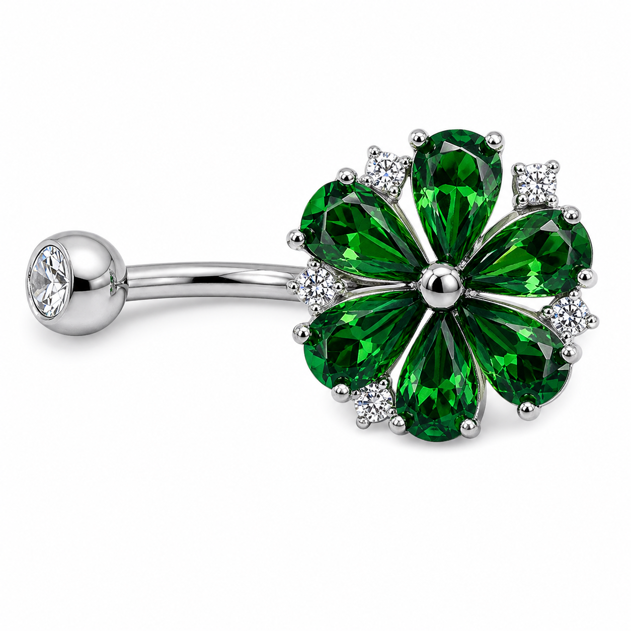 Piercing de Umbigo em Titânio com Flor Grande Verde e Zircônias