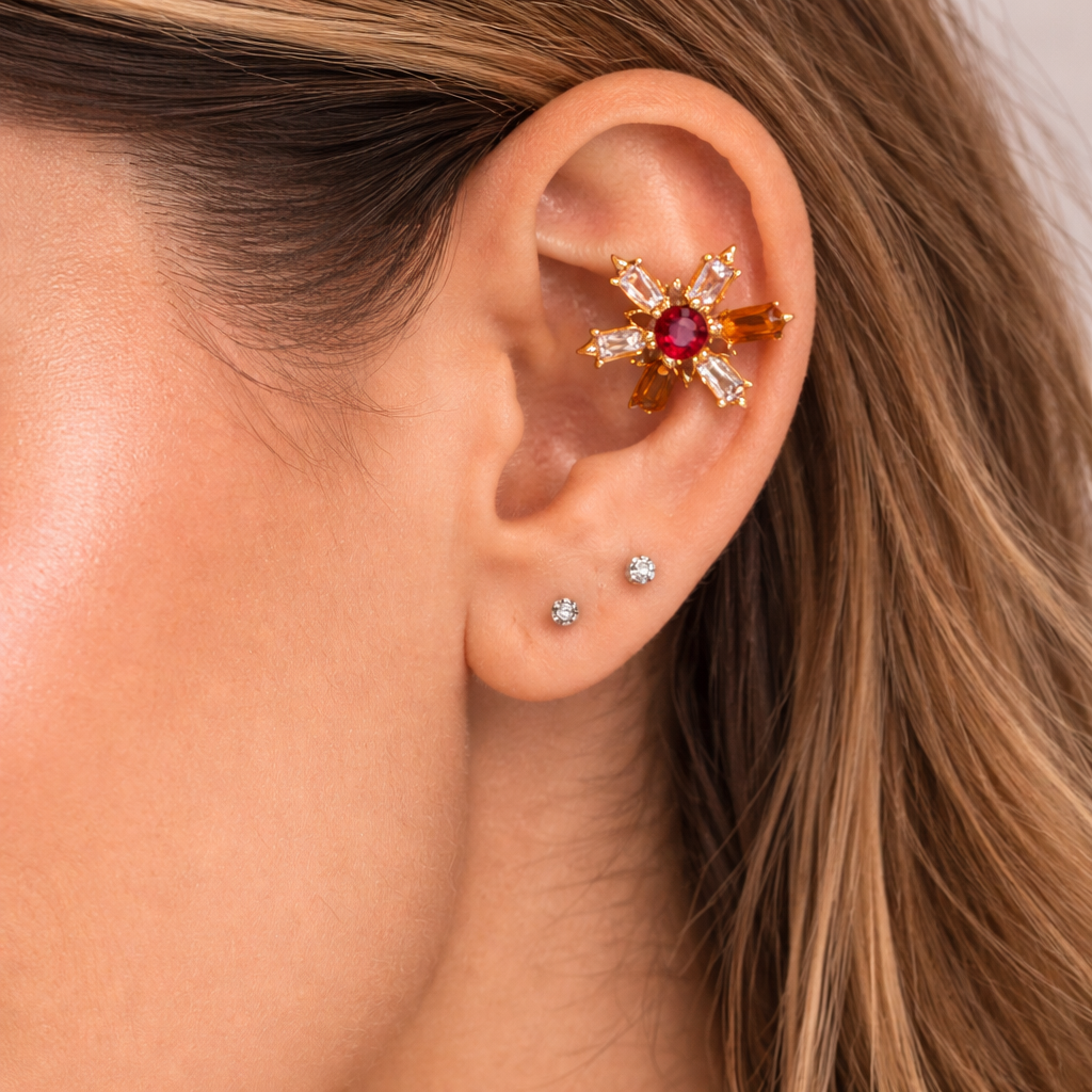 Topo de Piercing Big Raios com Zircônias Rubi e Cristal em Titânio - Imagem 3
