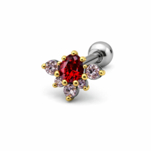 Topo de Piercing Meia Flor com Zircônias Rubi e Rosa em Titânio