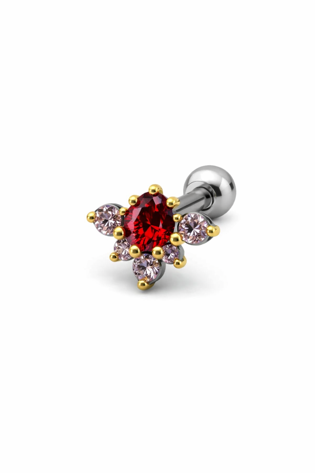 Topo de Piercing Meia Flor com Zircônias Rubi e Rosa em Titânio