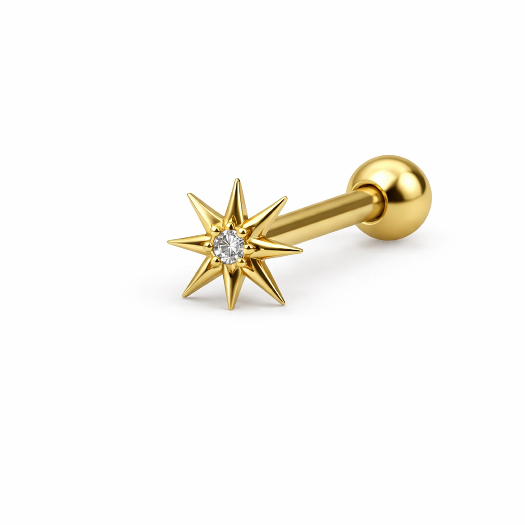 Topo de Piercing Mini Estrela 8 Pontas Gold em Titânio