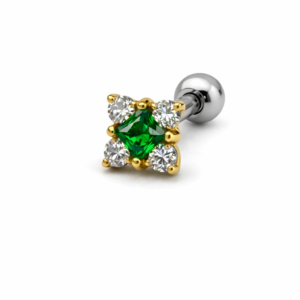 Topo de Piercing Quadrado com Zircônias Cristal e Verde em Titânio