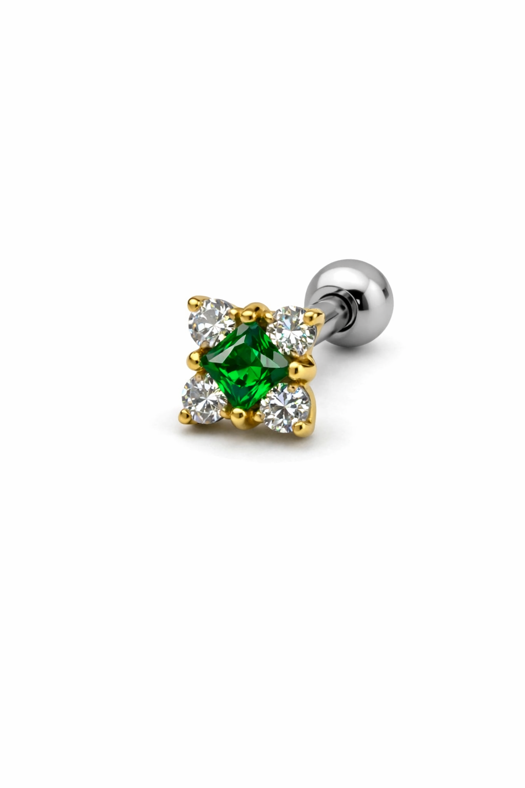 Topo de Piercing Quadrado com Zircônias Cristal e Verde em Titânio